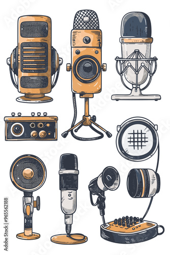 Essential Elements and Labels for Recording Podcasts, Various Signs Including Microphone, Wave, Phrases, and Sound Images