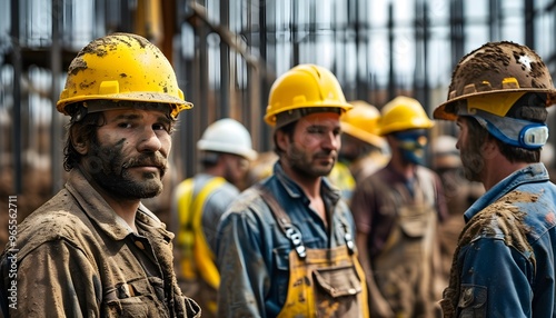 Mud-covered construction workers with a yellow helmet demonstrate teamwork and determination on a challenging site