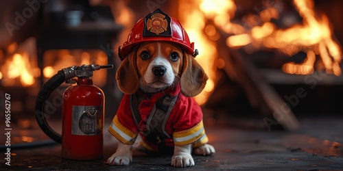 A cute puppy in a firefighter costume sits next to a fire extinguisher against the background of a burning building photo