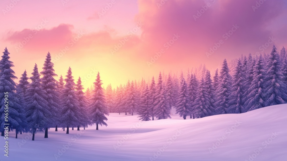 A snow covered forest with a sunset in the background, AI A snow covered forest with a sunset in the background, AI
