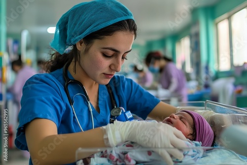 A nurse taking care of a newborn in a maternity ward photo