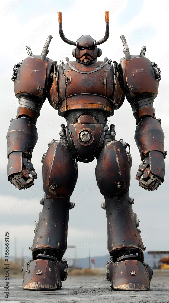 Naklejka premium In the Japanese tokusatsu style of the Showa period, present the image of a huge robot
