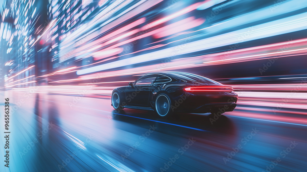 A fast racing car speeding along a city street with neon lights blurring in the background, capturing the sense of motion and speed. photo A fast racing car speeding along a city street with neon lights blurring in the background, capturing the sense of motion and speed. photo