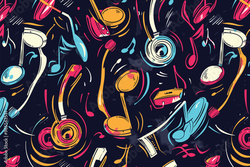 Earphones and Musical Notes with Sound Waves Seamless Pattern, Printable Wallpaper Decor