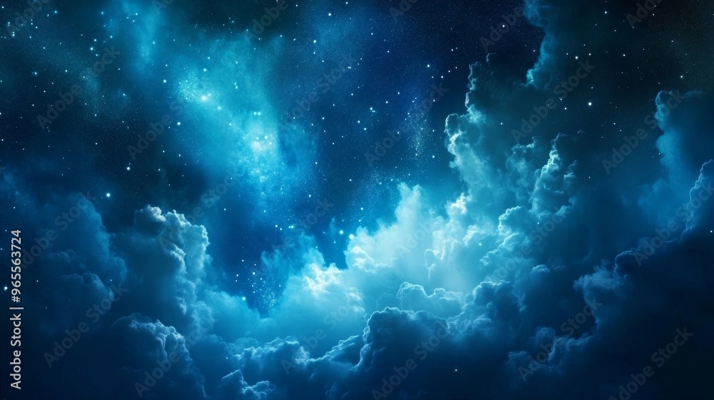 A serene depiction of a starry night sky filled with clouds and cosmic elements, evoking a sense of wonder.