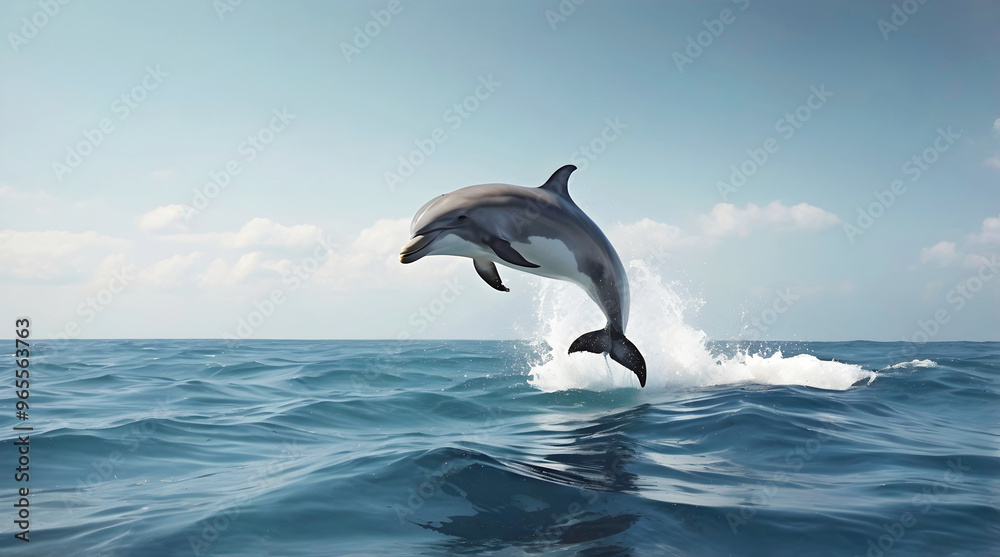 Cute dolphin jumping in the air out of ocean, marine world, animals and wildlife, nature background
