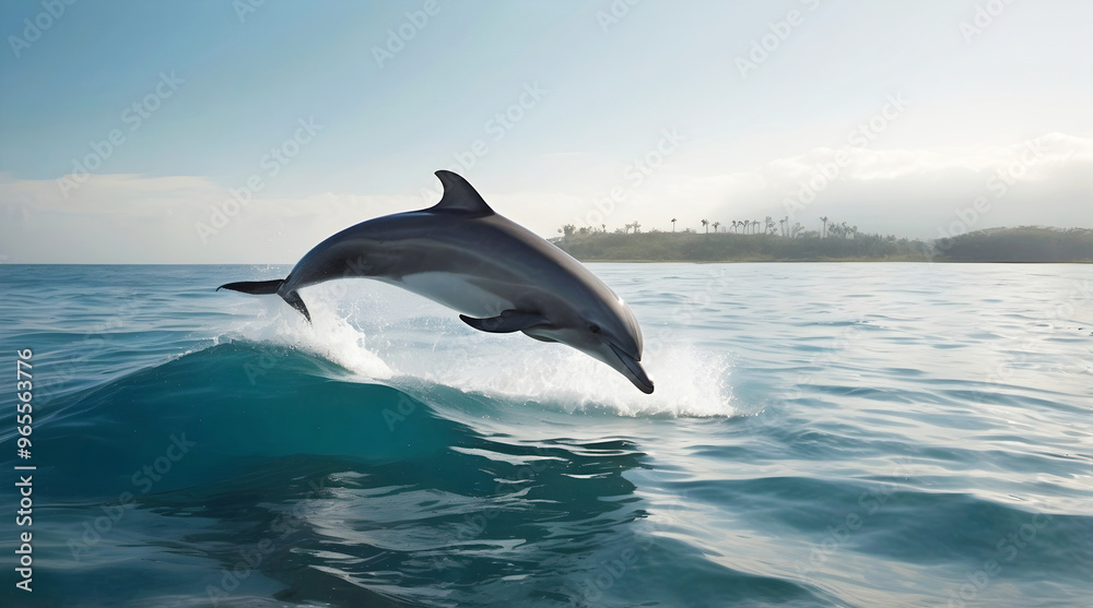 Cute dolphin jumping in the air out of ocean, marine world, animals and wildlife, nature background