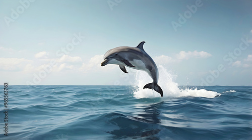 Obraz na płótnie Cute dolphin jumping in the air out of ocean, marine world, animals and wildlife, nature background w salonie
