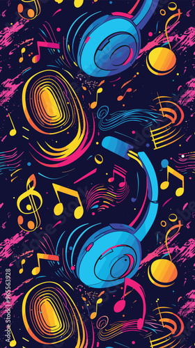 Earphones and Musical Notes with Sound Waves Seamless Pattern, Printable Wallpaper Decor