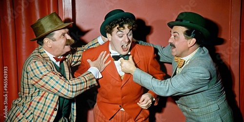 Classic slapstick comedy scene with three playful clowns in vintage attire photo