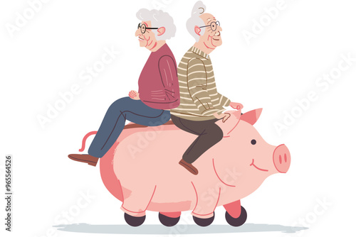 Elderly Couple Riding Piggy Bank to Financial Wealth, Protecting Savings and Searching for Profitable Pension Fund Dividends