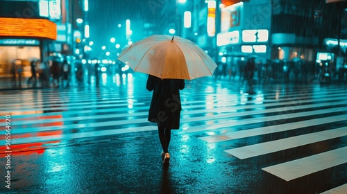 Wallpaper Mural A person walks under an umbrella in a rainy urban setting, illuminated by neon lights. Torontodigital.ca