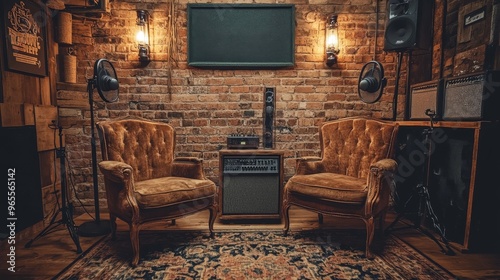 Rustic podcast studio with two vintage chairs, old-style microphones, exposed brick walls, and warm wooden decor, creating a classic, intimate vibe