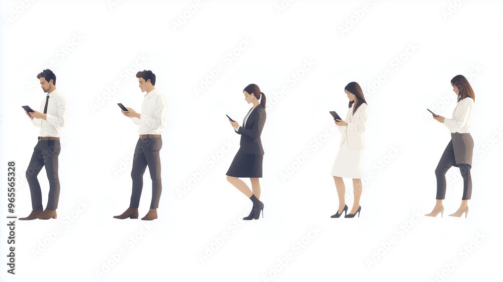 Various business professionals interacting with their smartphones, including standing, sitting, and walking, all illustrated as individual elements on a transparent background. pho Various business professionals interacting with their smartphones, including standing, sitting, and walking, all illustrated as individual elements on a transparent background. pho