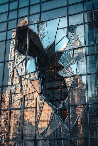 A colossal building resembling a giant, cracked mirror, with each shard reflecting a different, surreal version of the city around it. 