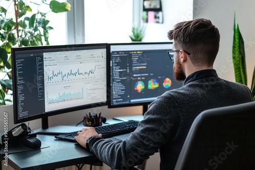 SEO specialist analyzing website performance metrics on a dualmonitor setup, modern and efficient workspace photo