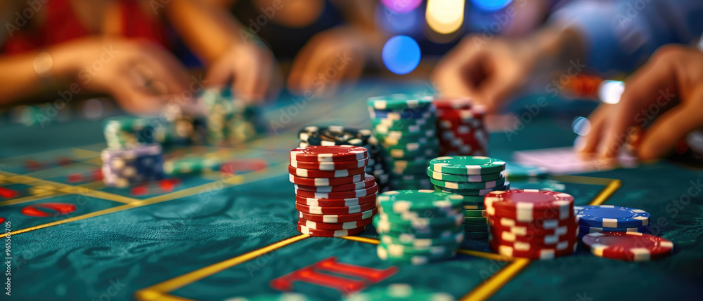 close-up of colorful stacked casino chips on a gambling table with hands of people playing blackjack in the background in a casino close-up of colorful stacked casino chips on a gambling table with hands of people playing blackjack in the background in a casino