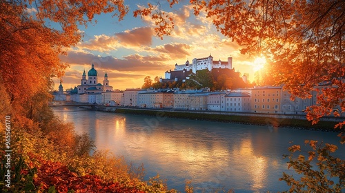 Autumn sunset over Salzburg, Austria with view of Hohensalzburg Fortress, city skyline, and river framed by colorful fall foliage
