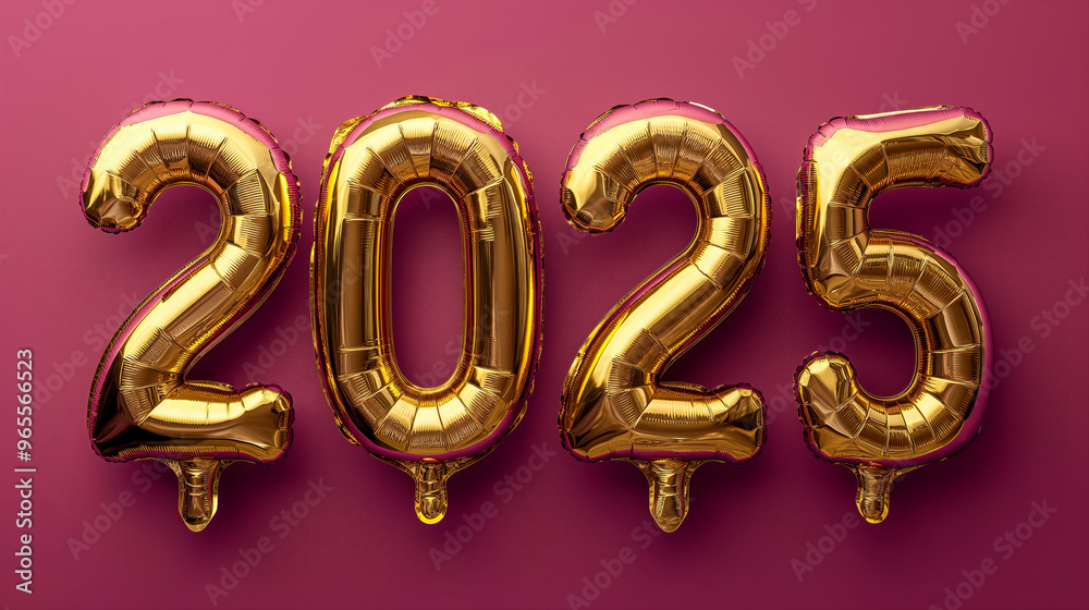 Gold Inflatable Balloons as Numbers 2025 on Pink Background, New Year Background. Generative AI