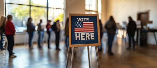A vibrant voting scene showing people waiting in line at a polling station, highlighting democracy and civic engagement.