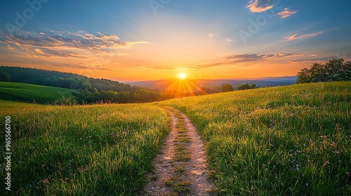 A scenic view of a sunlit path winding through lush green fields under a vibrant sky at sunset.