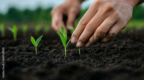 A close-up of hands planting green seedlings in rich soil, showcasing the nurturing process of growth in a vibrant garden. photo