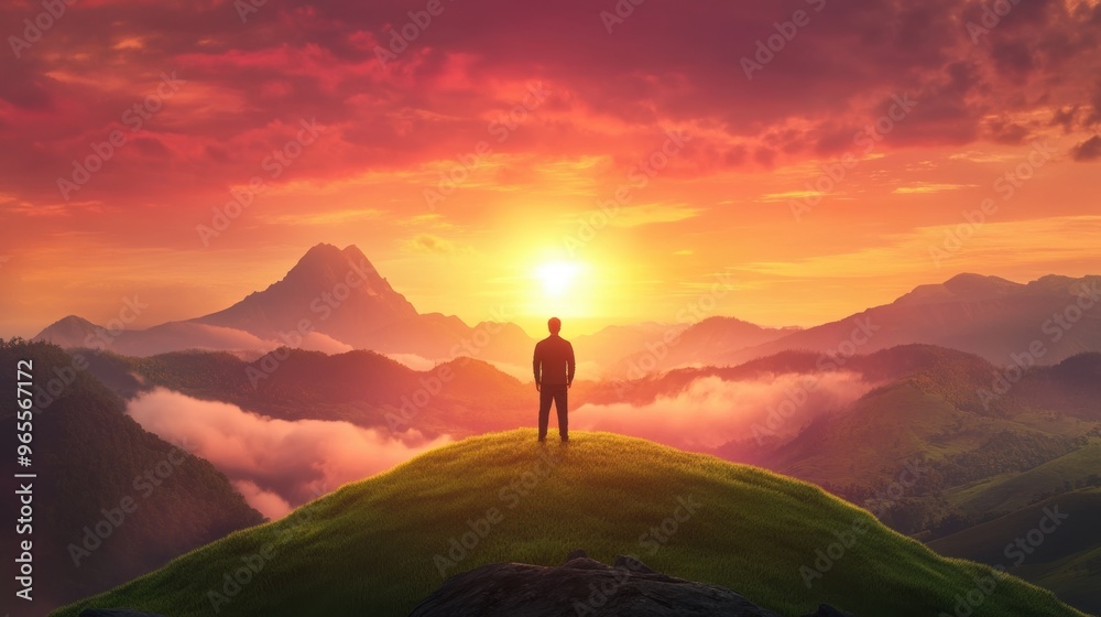 A man standing on top of a hill looking at the sunset, AI A man standing on top of a hill looking at the sunset, AI
