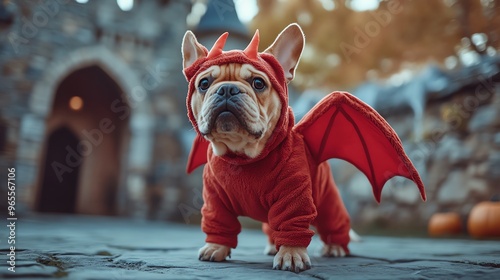 A cute dog in a red dragon costume, posing outdoors amidst autumn scenery. Perfect for Halloween-themed pet photography.