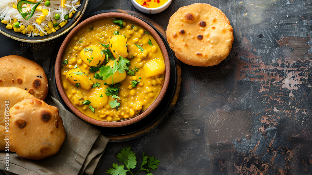 Served with fried Luchi or poori bengali meal copy space are choler dal and patol aloo sabzi Served with fried Luchi or poori bengali meal copy space are choler dal and patol aloo sabzi
