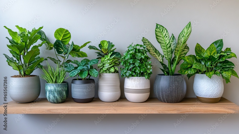 A shelf displaying a variety of indoor plants in decorative pots, enhancing home decor and promoting a green lifestyle. A shelf displaying a variety of indoor plants in decorative pots, enhancing home decor and promoting a green lifestyle.