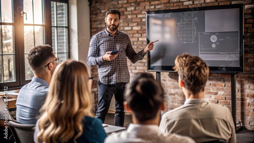 Interactive learning session with teacher explaining concepts on a smartboard in a classroom setting