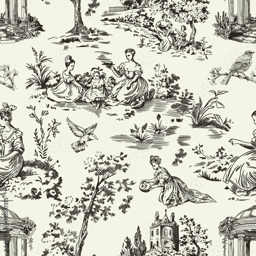 Abstract Victorian seamless pattern with hand drawn illustration with country life, couple villager in Toile de jouy style. Retro elegance blue Chinoiserie print. Vintage wallpaper for bedroom
