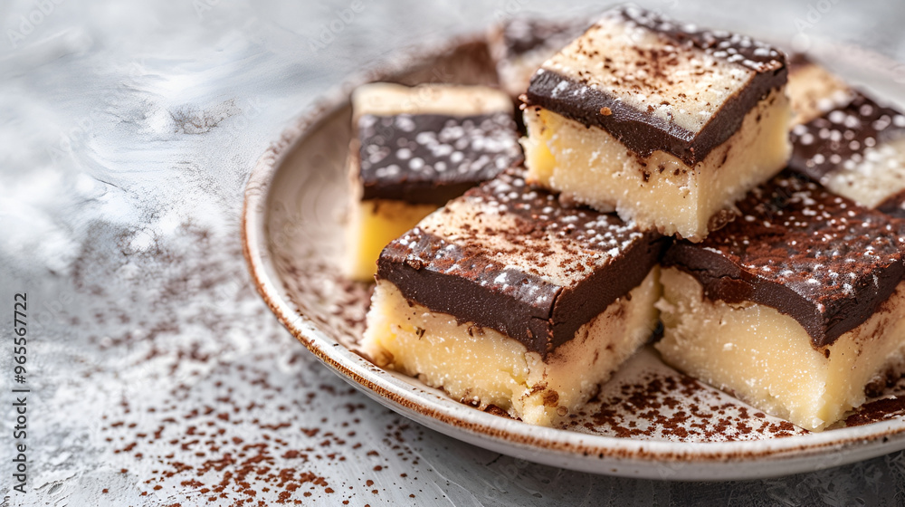 Chocolate mawa barfi, chocolate vanilla pateesa, or two-layered burfi dessert copy space