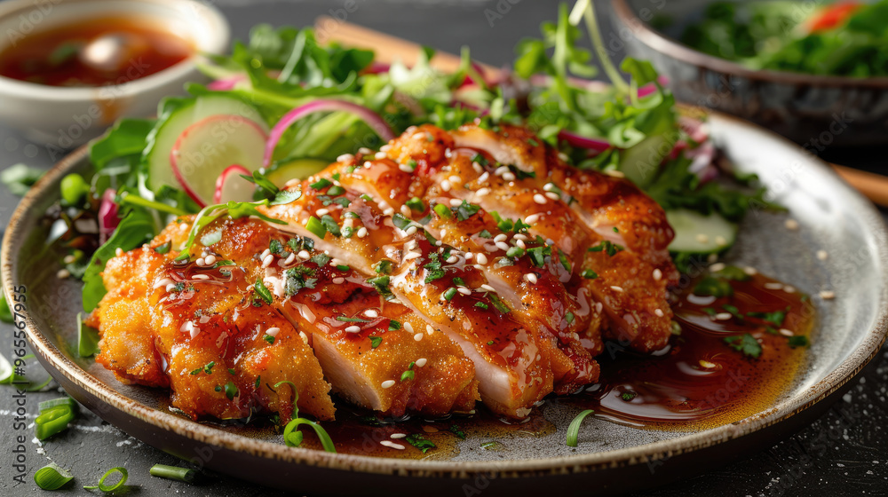 Japanese fried chicken katsu with golden brown meat pieces and garnished with salad on the side with herbs such as green leaves and shallots
