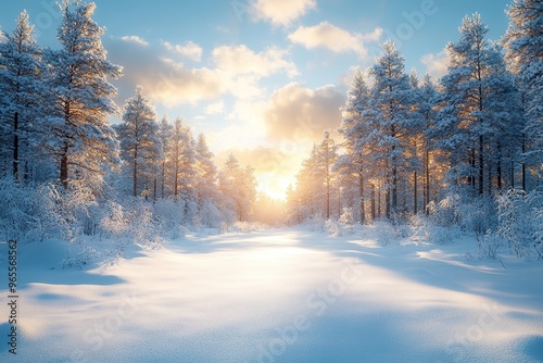 A peaceful snowy landscape with a blanket of fresh snow covering pine trees and a quiet forest