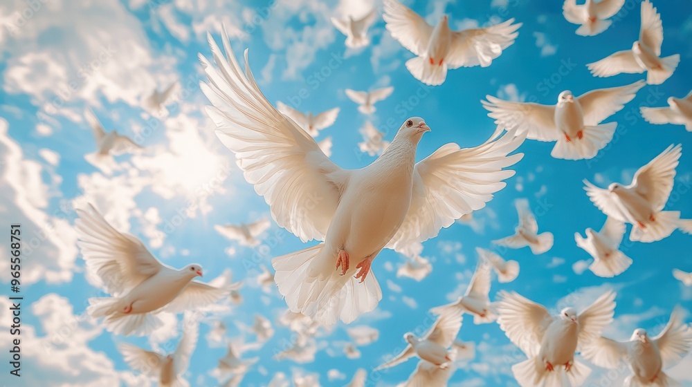 Fototapeta premium white doves flying overhead in blue sky background