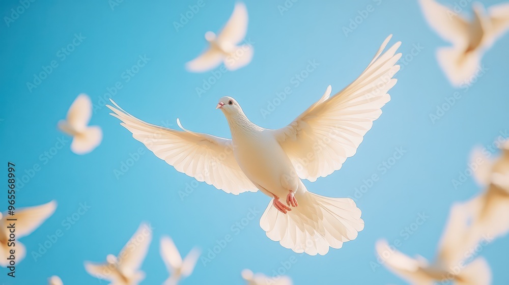 white doves flying overhead in blue sky background white doves flying overhead in blue sky background
