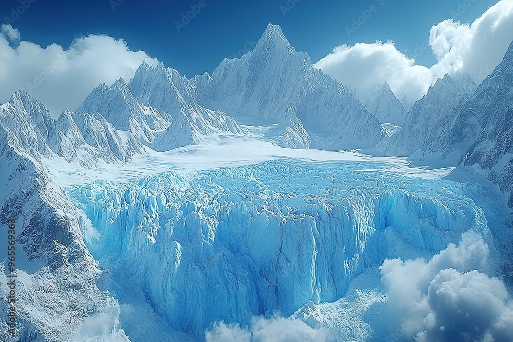 A pristine glacier with bright blue ice and rugged snow covered mountain peaks in the background A pristine glacier with bright blue ice and rugged snow covered mountain peaks in the background