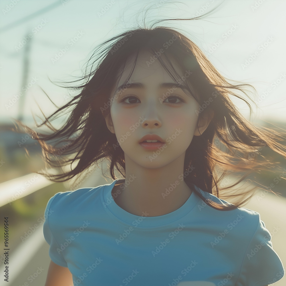 A smiling woman with long hair, posing in a studio, with wind blowing her hair, capturing her beauty and happiness A smiling woman with long hair, posing in a studio, with wind blowing her hair, capturing her beauty and happiness