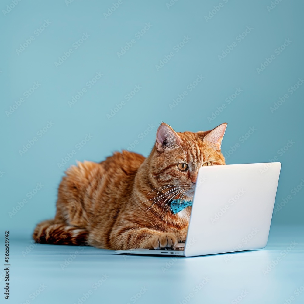 Curious Ginger Cat Working on Laptop, Pet and Technology Concept, Isolated on Blue Background Curious Ginger Cat Working on Laptop, Pet and Technology Concept, Isolated on Blue Background