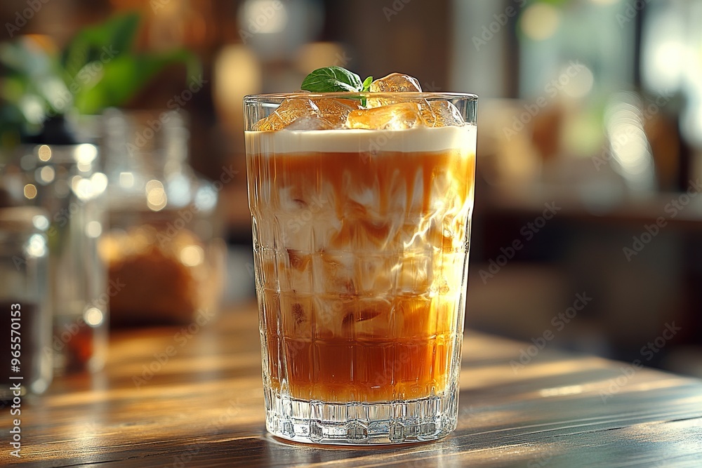 A refreshing glass of iced coffee with a splash of cream and a hint of caramel syrup set on a wooden table A refreshing glass of iced coffee with a splash of cream and a hint of caramel syrup set on a wooden table