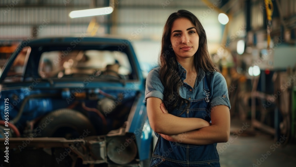 Confident professional female mechanic in overalls stands with her arms crossed, equal rights for women. Diversity and inclusion same pay and strong female leadership Confident professional female mechanic in overalls stands with her arms crossed, equal rights for women. Diversity and inclusion same pay and strong female leadership