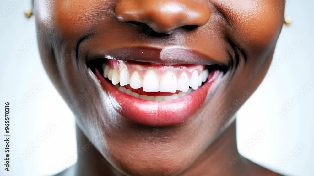 Mouth of a smiling young African American woman on a white background. A close-up of a stunning smile, where white teeth sparkle, symbolizing health, confidence, and self-care. Mouth of a smiling young African American woman on a white background. A close-up of a stunning smile, where white teeth sparkle, symbolizing health, confidence, and self-care.
