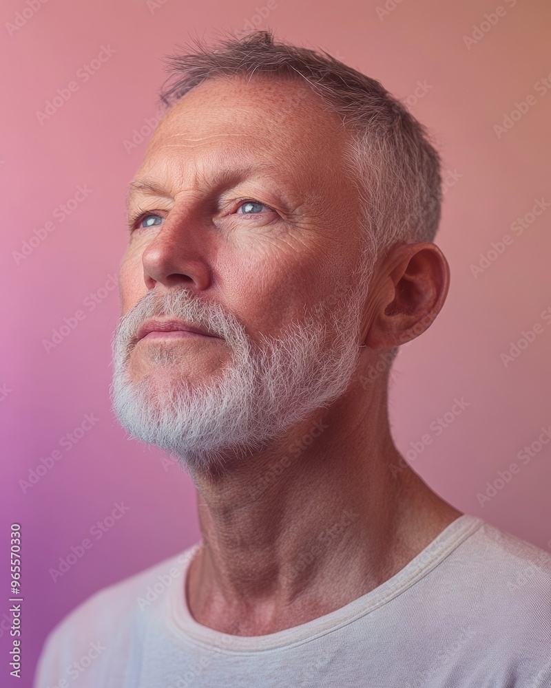 Obraz premium Portrait of a thoughtful mature man with gray beard against pastel background