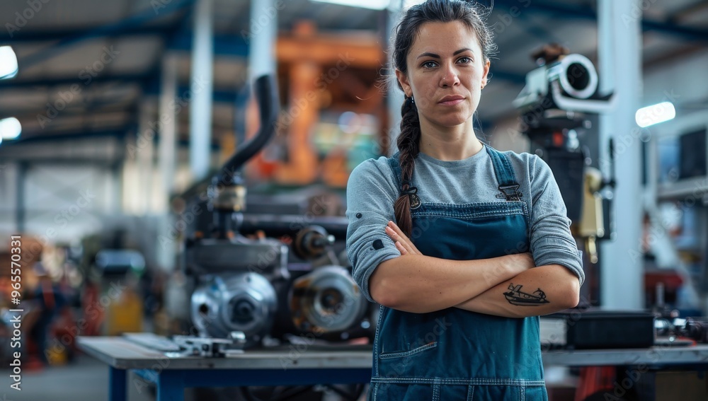 Confident professional female mechanic in overalls stands with her arms crossed, equal rights for women. Diversity and inclusion same pay and strong female leadership Confident professional female mechanic in overalls stands with her arms crossed, equal rights for women. Diversity and inclusion same pay and strong female leadership