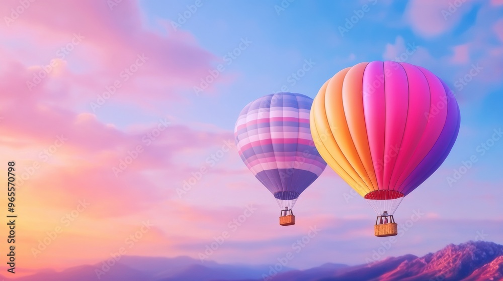 Two hot air balloons flying in the sky with mountains behind them, AI Two hot air balloons flying in the sky with mountains behind them, AI