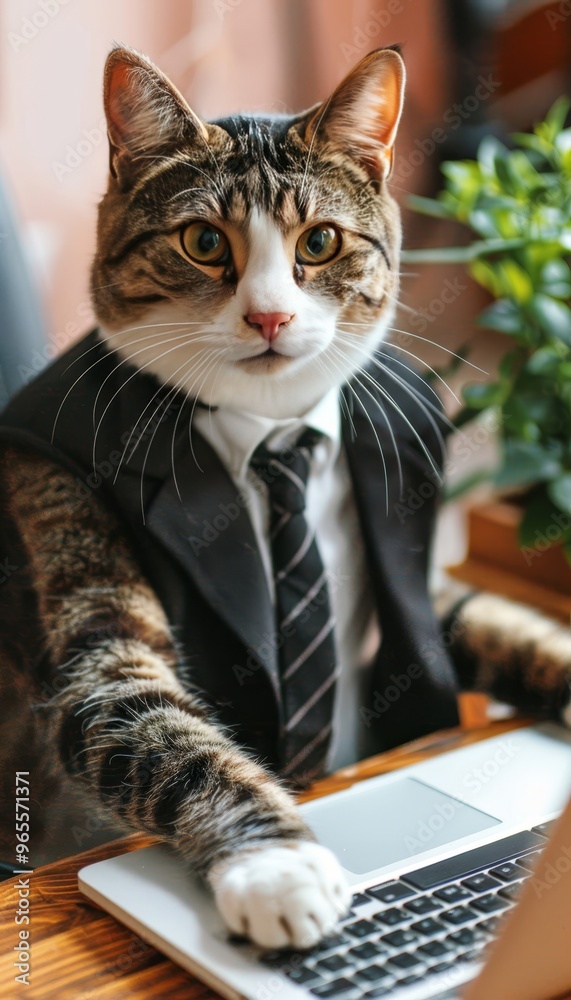 Professional Cat in a Suit Working Diligently on a Laptop at an Office Desk, Business Humor Professional Cat in a Suit Working Diligently on a Laptop at an Office Desk, Business Humor