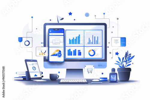 computer with charts and graph, analysis business financial data photo