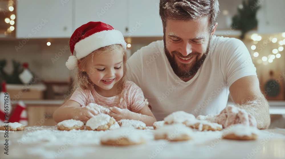 Father and daughter make festive Christmas cookies together in cozy kitchen setting with holiday cheer Father and daughter make festive Christmas cookies together in cozy kitchen setting with holiday cheer