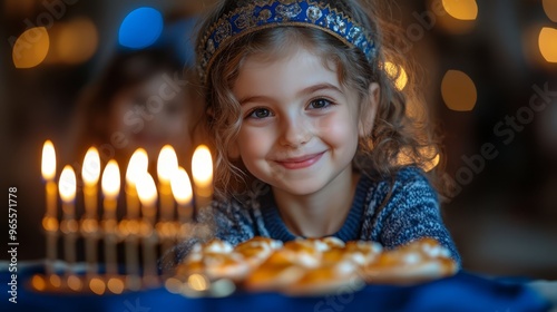 A family celebrates the eighth night of Hanukkah around a glowing menorah, filled with laughter as children play with dreidels and enjoy sufganiyot in a beautifully decorated room photo